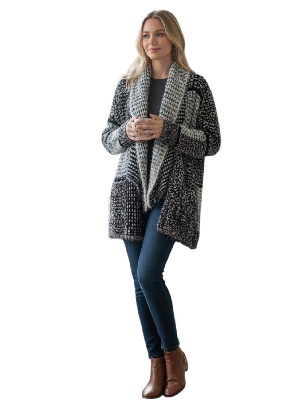 Dor Dor Cozy Open-Front Knit Cardigan Sweater - Black & White Size Large
